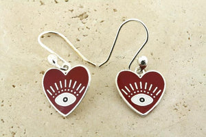 Enamelled eye in heart drop earring - red - Makers & Providers