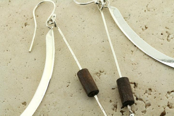 Curve & rosewood timber bead drop earring - sterling silver - Makers & Providers