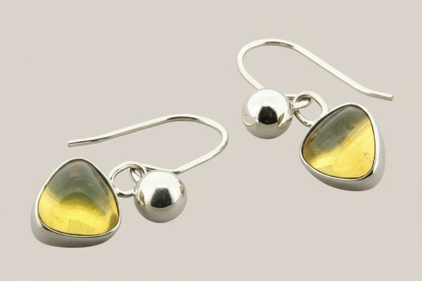 Pair of silver earrings with yellow gemstones on a gray background