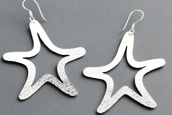 Large textured star drop earring - sterling silver