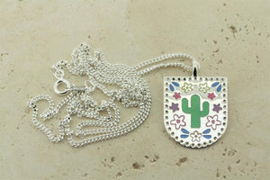 multi colour enamel cactus in shield pendant on 55cm link chain - Makers & Providers