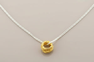 Gold pendant on a silver chain against a gray background