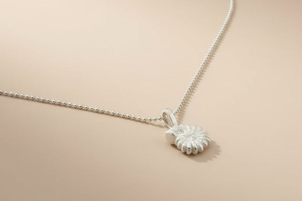 Silver spiral fossil pendant on 45cm ball chain - sterling silver