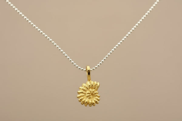 Golden spiral fossil pendant on 45cm ball chain - sterling silver