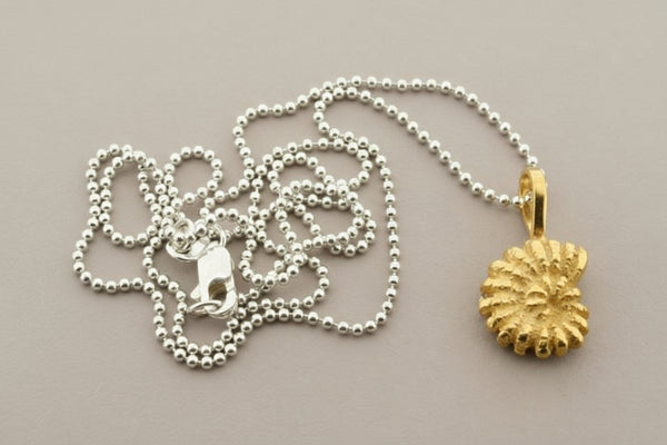 Golden spiral fossil pendant on 45cm ball chain - sterling silver