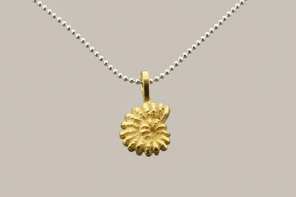 Golden spiral fossil pendant on 45cm ball chain - sterling silver