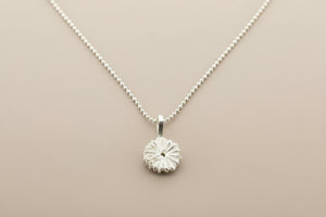 Silver necklace with a round pendant on a gray background