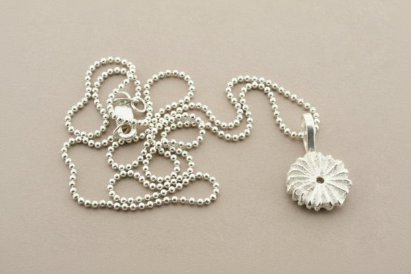 Silver necklace with a pendant on a gray background