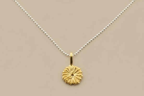 Golden cushion coral pendant on 45cm ball chain - sterling silver
