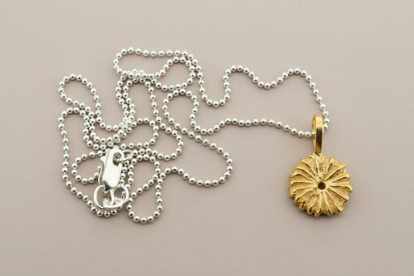 Golden cushion coral pendant on 45cm ball chain - sterling silver