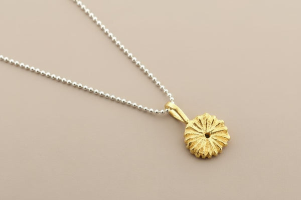 Golden cushion coral pendant on 45cm ball chain - sterling silver
