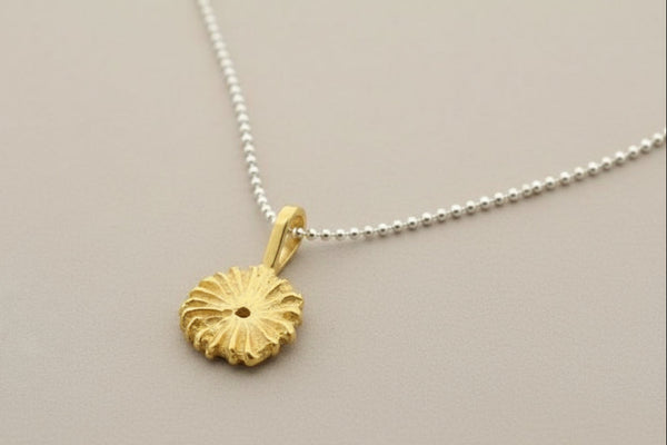 Golden cushion coral pendant on 45cm ball chain - sterling silver