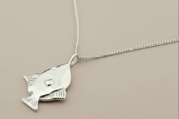 Silver sole fish pendant on 60cm link chain - sterling silver