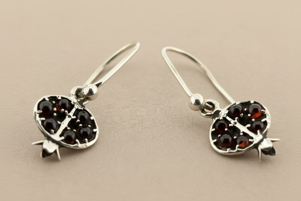 Pomegranate drop earrings with 6 garnets - sterling silver