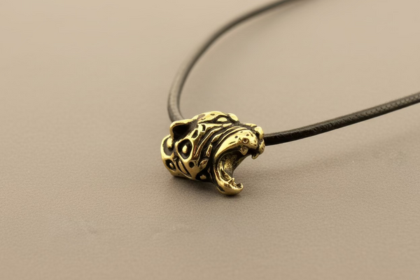 Brass Jaguar head pendant on adjustable leather thong