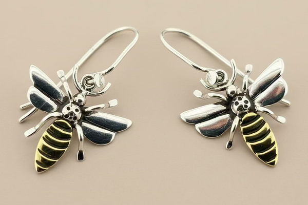 Honey Bee Earrings — Sterling Silver & Brass with Oxidised Detail