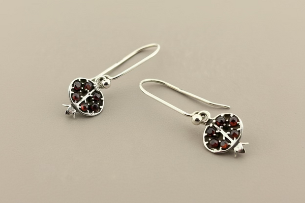 Pomegranate drop earrings with 6 garnets - sterling silver