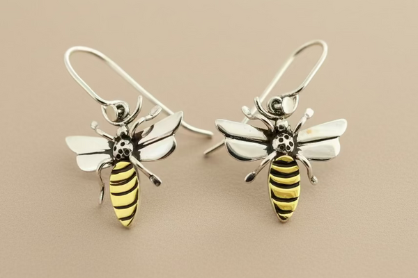 Honey Bee Earrings — Sterling Silver & Brass with Oxidised Detail