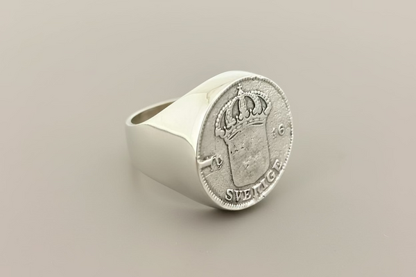 Crown coin signet ring - sterling silver
