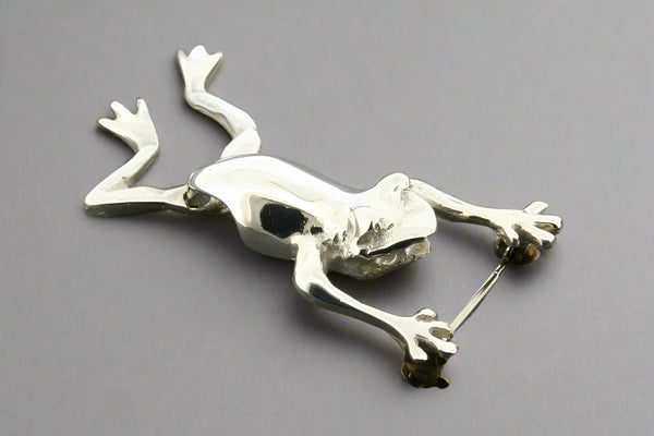 Silver frog pendant on a dark gray background