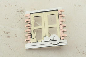 Windowsill cat brooch - silver, brass, copper - Makers & Providers