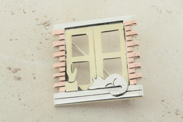 Windowsill cat brooch - silver, brass, copper