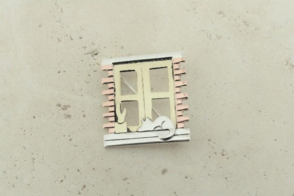 Windowsill cat brooch - silver, brass, copper