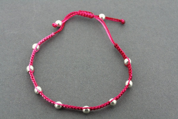10 silver ball-bead and string bracelet - red