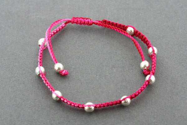 10 silver ball-bead and string bracelet - red