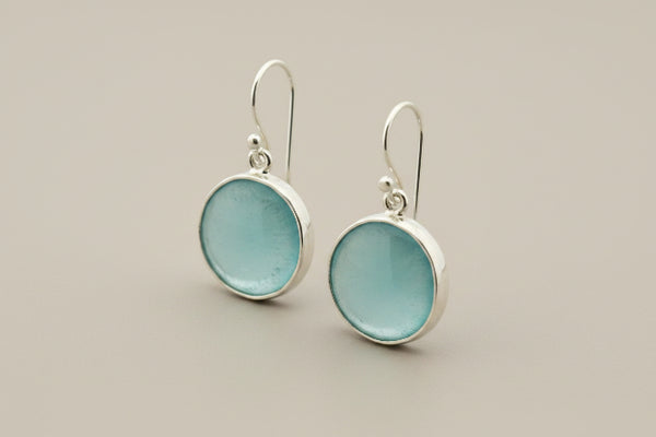 Sky blue circle seaglass earrings - sterling silver