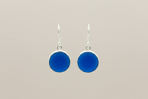 Blue circle seaglass earrings - sterling silver