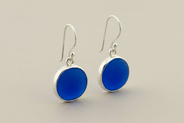 Blue circle seaglass earrings - sterling silver