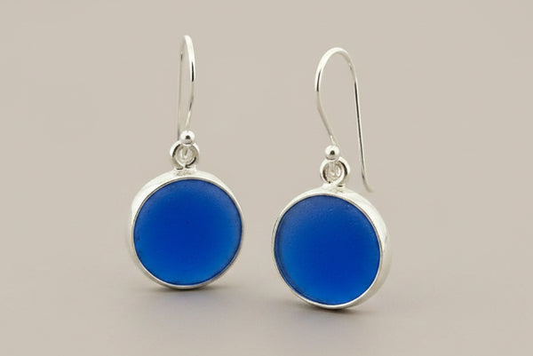 Blue circle seaglass earrings - sterling silver