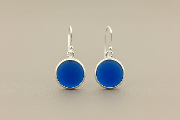 Blue circle seaglass earrings - sterling silver