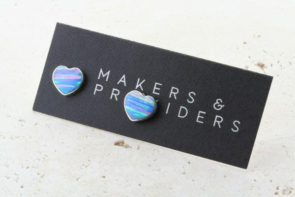 opal stud - heart - blue rose - Makers & Providers