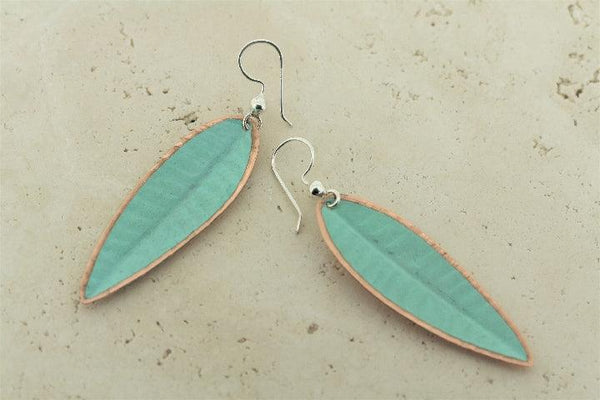 Large copper patina leaf earring