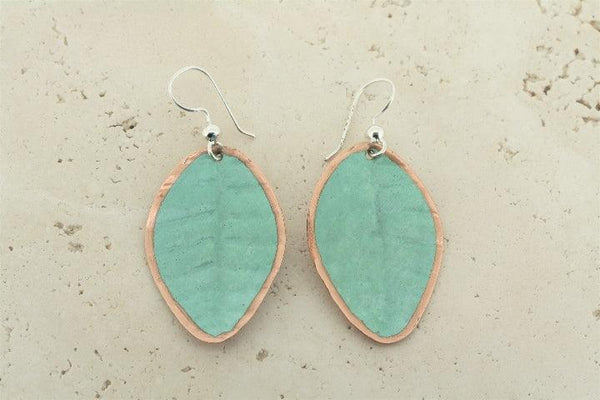 Wide copper patina leaf earrings - Makers & Providers