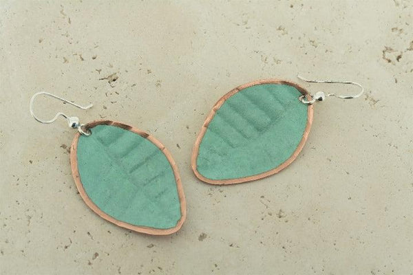 Wide copper patina leaf earrings