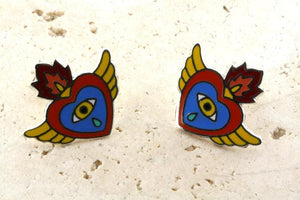 Enamelled yellow, blue, red flying heart stud - Makers & Providers