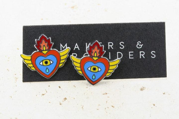 Enamelled yellow, blue, red flying heart stud
