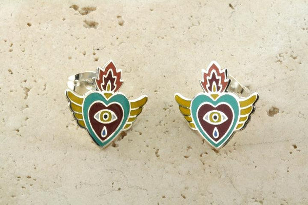 Enamelled yellow, green, red flying heart stud - Makers & Providers