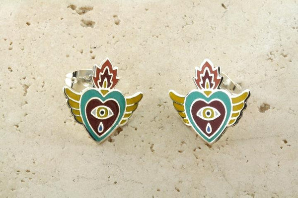 Enamelled yellow, green, red flying heart stud - Makers & Providers