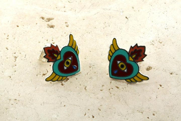 Enamelled yellow, green, red flying heart stud - Makers & Providers