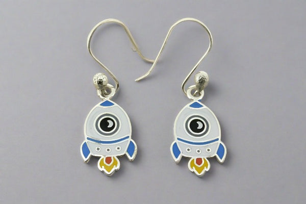 Enamelled blue rocket earrings