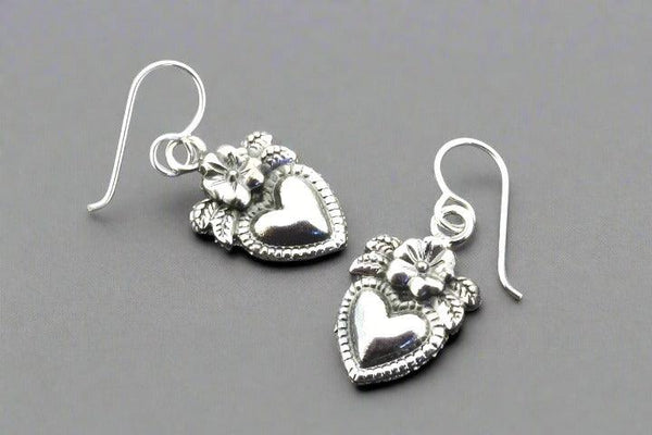 Heart & flower drop earring - sterling silver - Makers & Providers