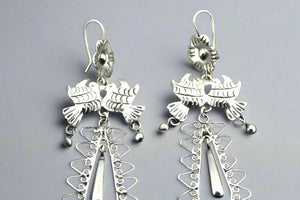 Flower & birds long drop earring - sterling silver - Makers & Providers