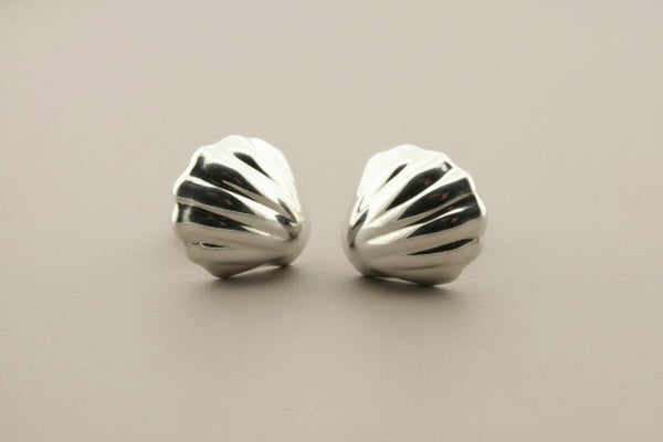 Pair of silver earrings on a gray background