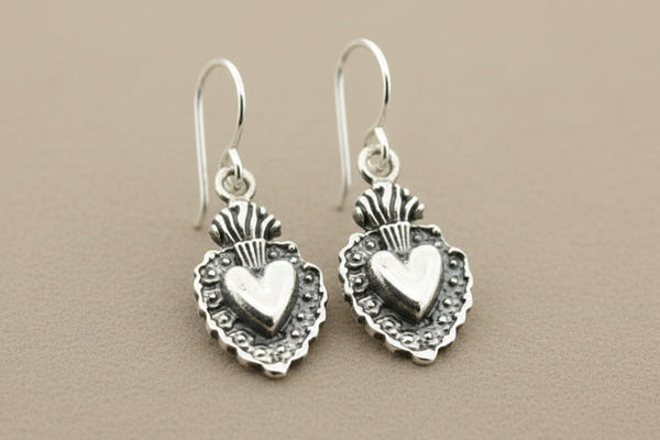 Flaming heart drop earring - sterling silver - large