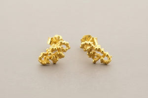 Pair of gold earrings on a gray background