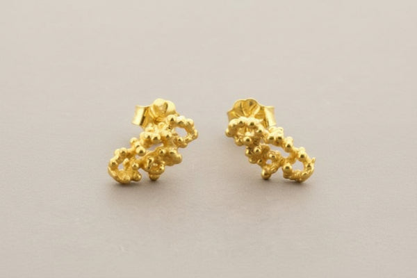 Pair of gold earrings on a gray background